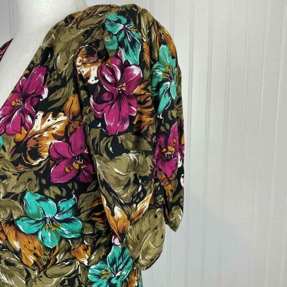 Joni Blair Midi Dress Womens 5‎ Brown VTG 80s Pleated Button Front Floral - Picture 3 of 12